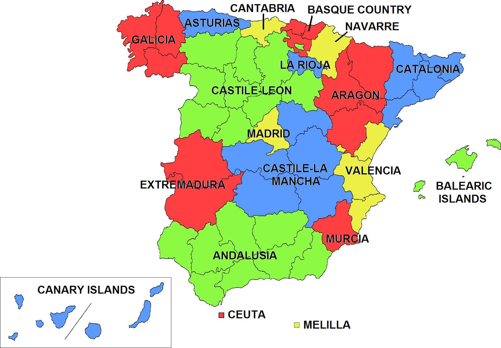 regioner i spanien kort Spanien Regioner Kort Kort Over Spanien Og Regioner Sydlige Europa Europa regioner i spanien kort